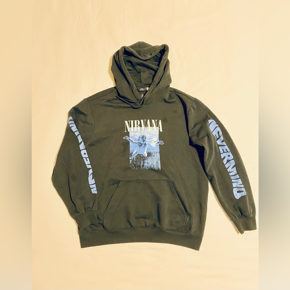 H&M Nirvana Nevermind Music Black Blue Pullover Sweatshirt Hoodie Mens L